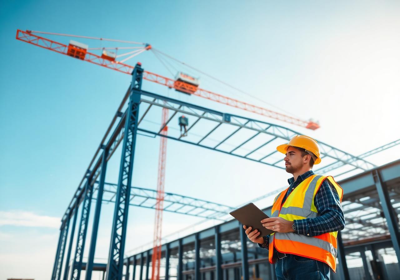 Warehouse PEB steel structure under construction with a site engineer